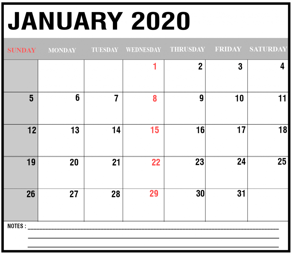 Free Printable January 2020 Calendar Template In PDF Excel Word