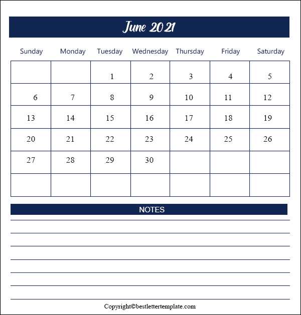 2021 June Calendar with Notes