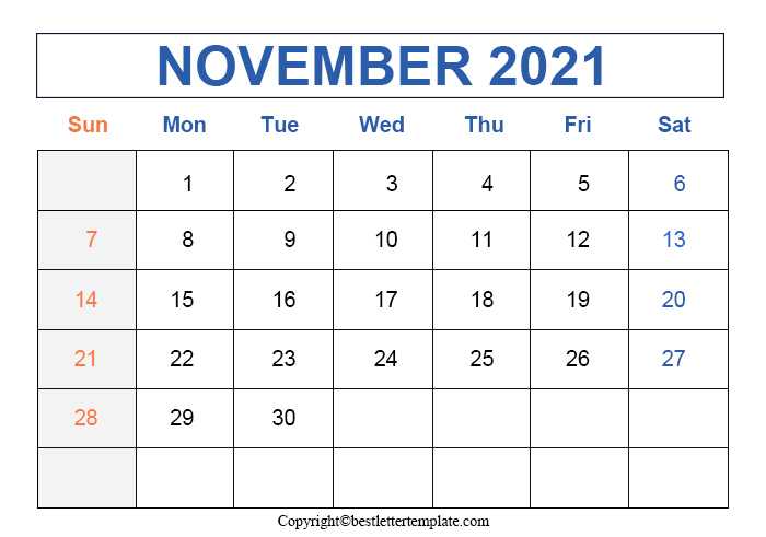 November 2021 calendar Landscape