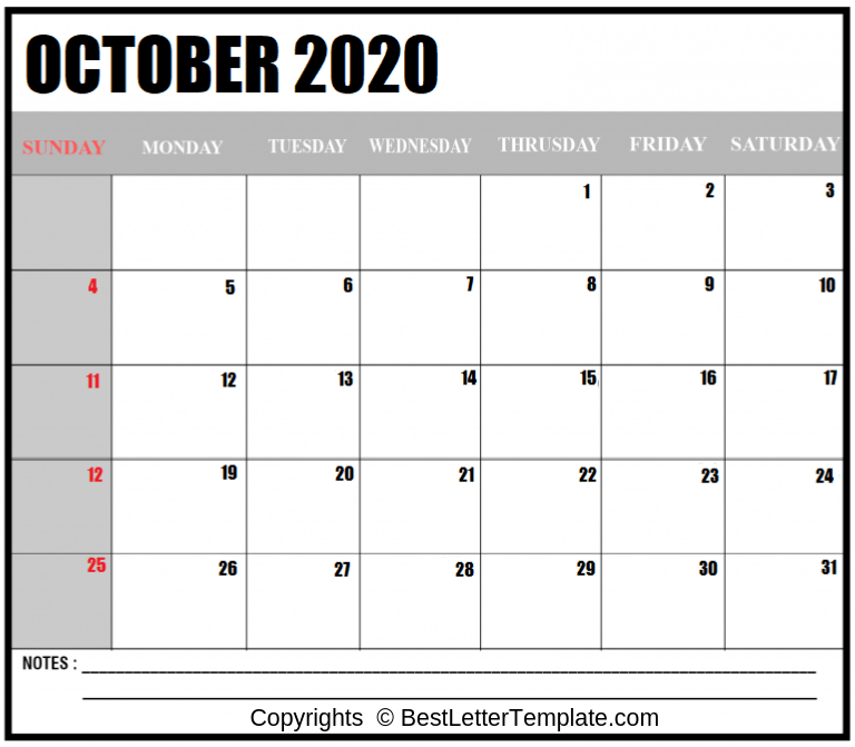 Free Printable October 2020 Calendar Template in PDF, Excel Word