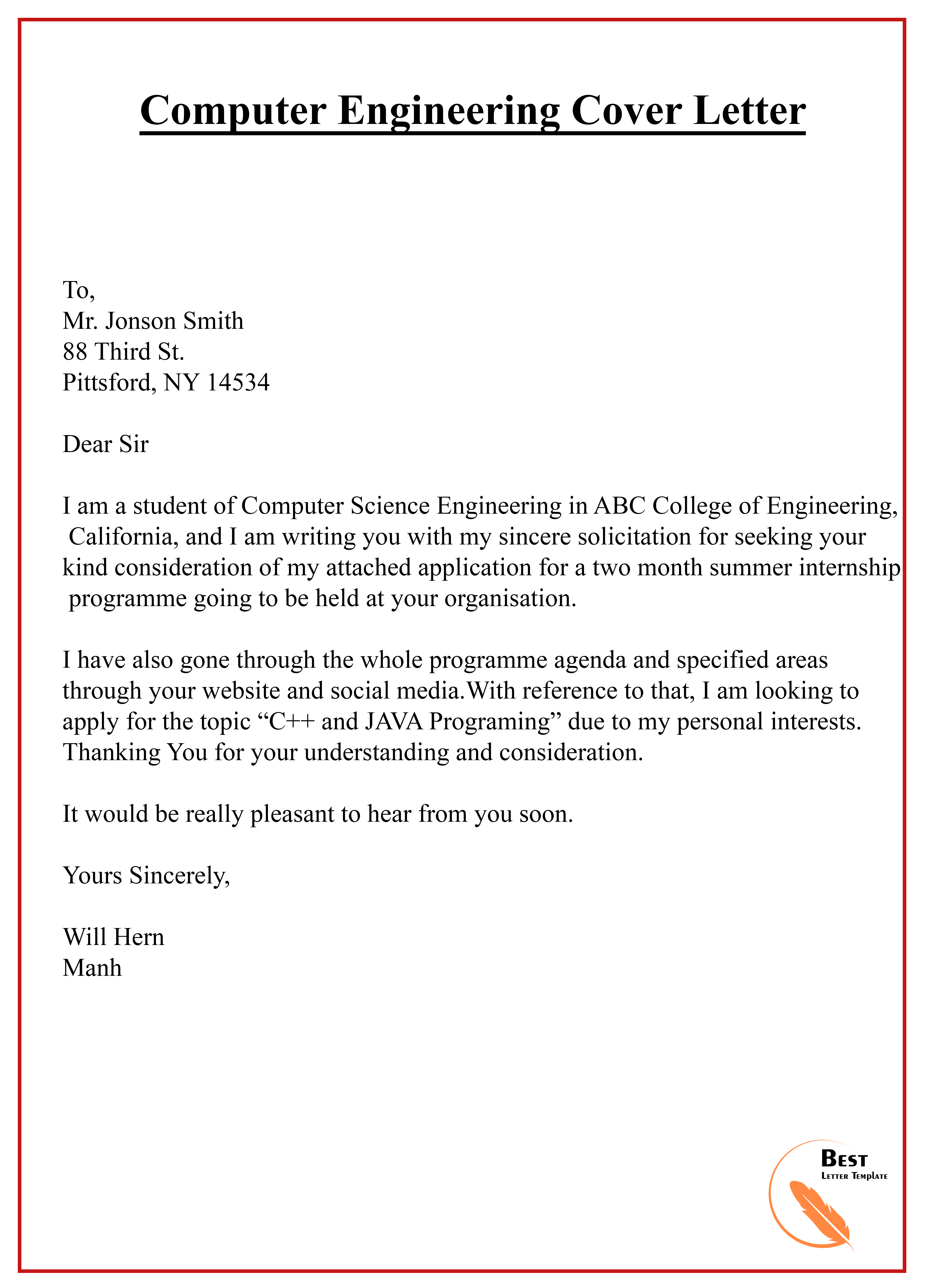 Engineering Cover Letter Template - Format Sample ...