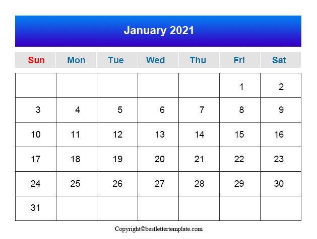 January Printable Calendar For Students