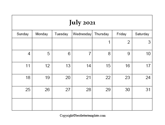 July Blank 2021 Calendar