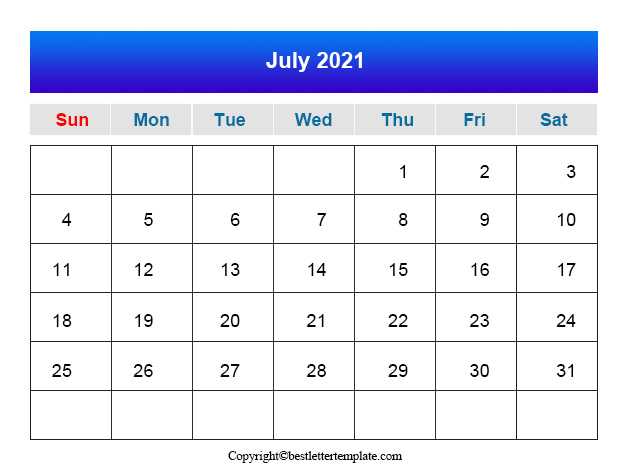 July 2021 Printable Calendar