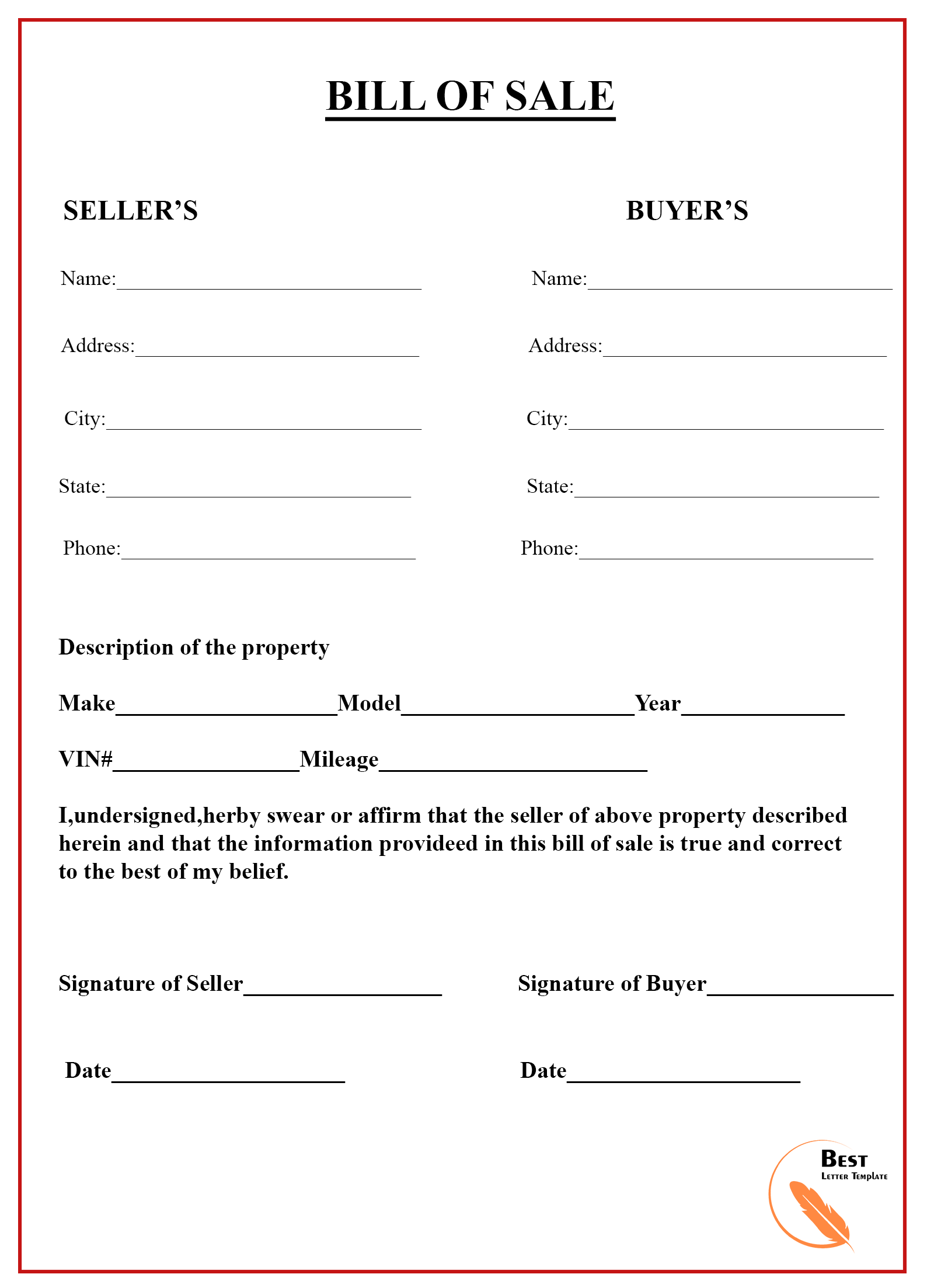 Generic Printable Bill Of Sale The Basic Word Template Includes A Space