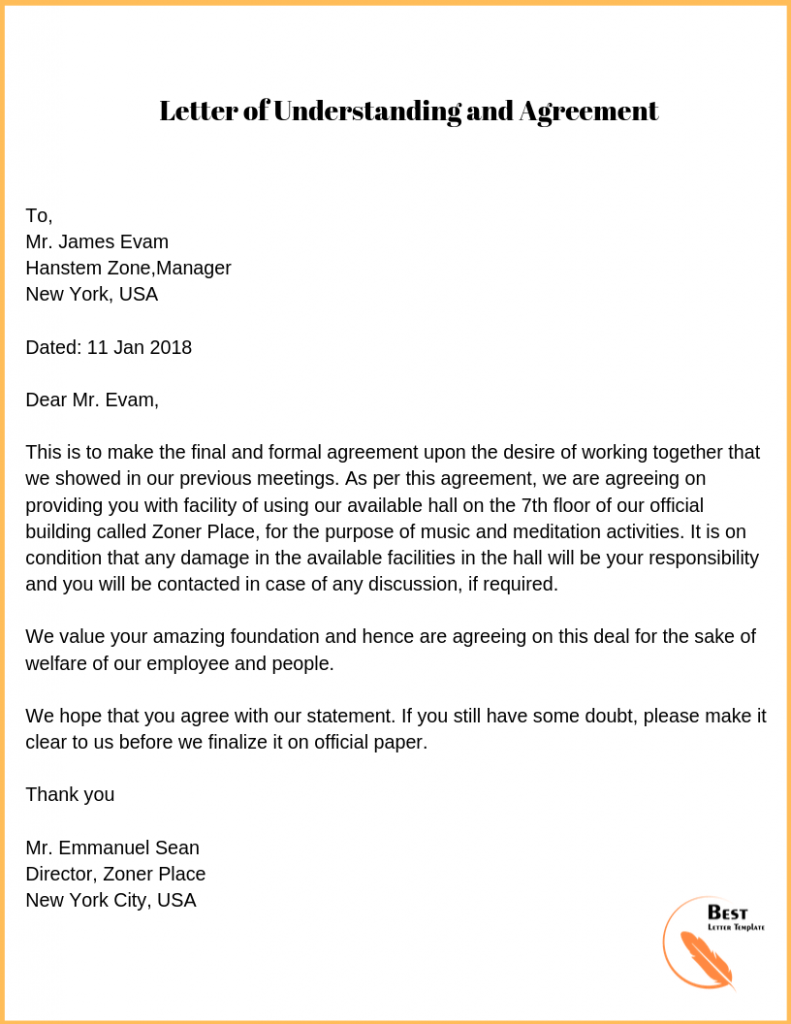 Letter Of Understanding And Agreement from bestlettertemplate.com