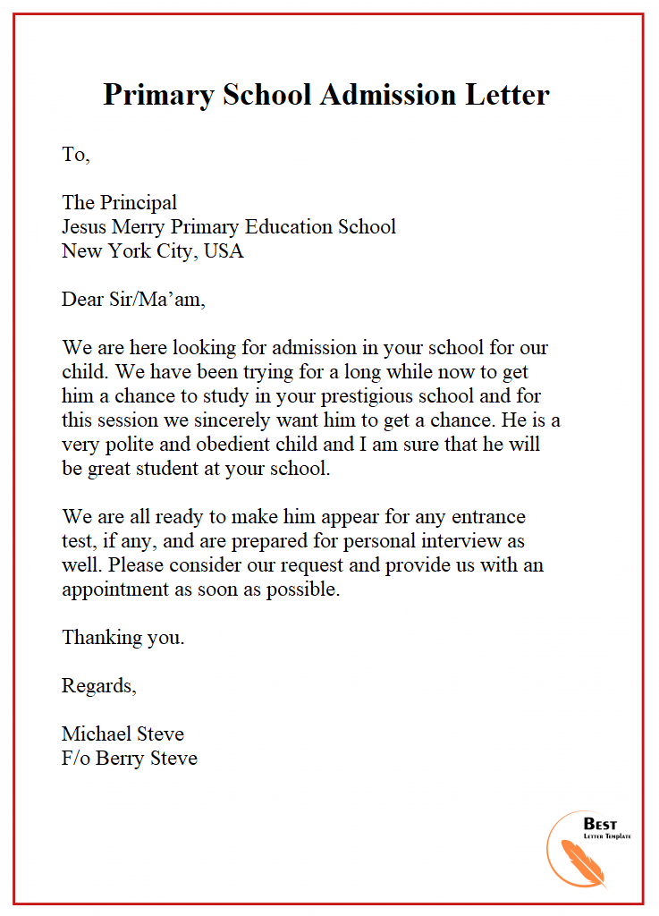 school admission application letter