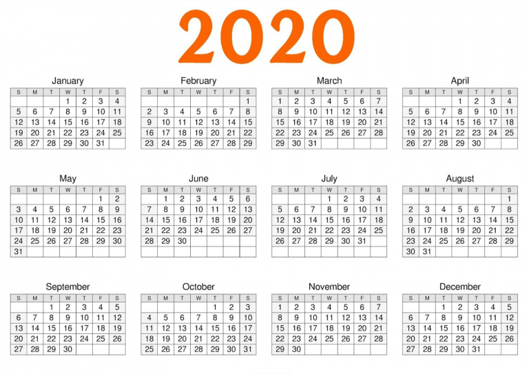 Printable Blank Yearly 2020 Calendar Template in PDF, Word &amp; Excel