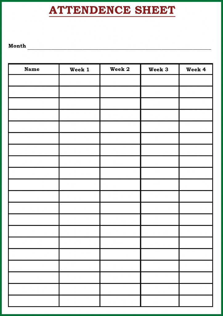 Sunday School Attendance Chart Template HQ Printable Documents