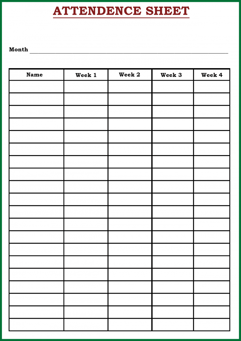 Printable Attendance Sheet / Tracker Template in PDF, Word, Google Docs