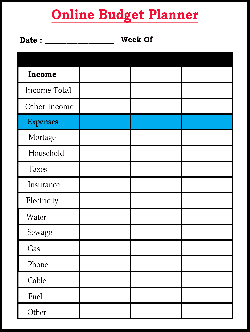 weekly budget template planner
