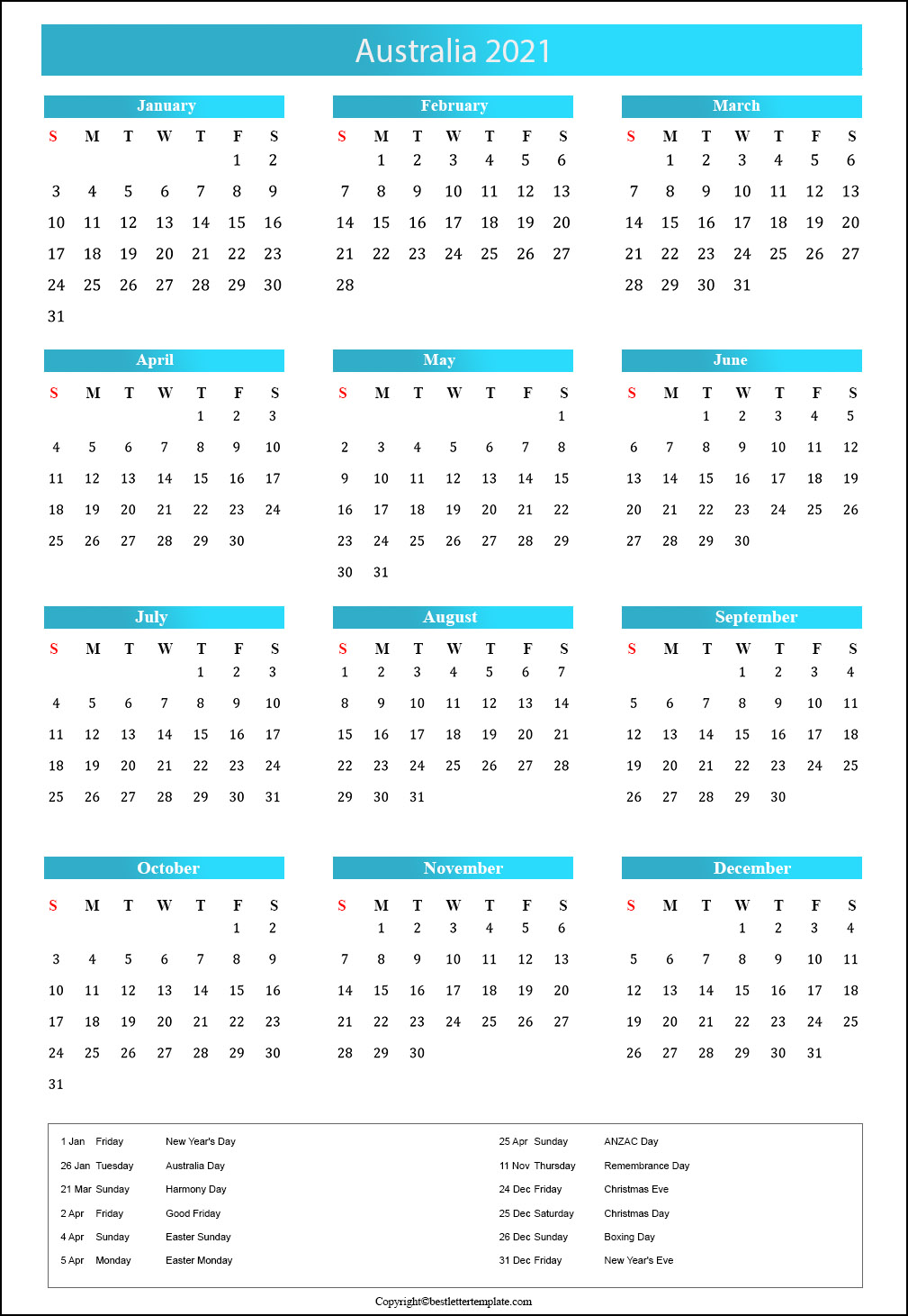 Free Printable Australia Calendar 2021 with Public Holidays