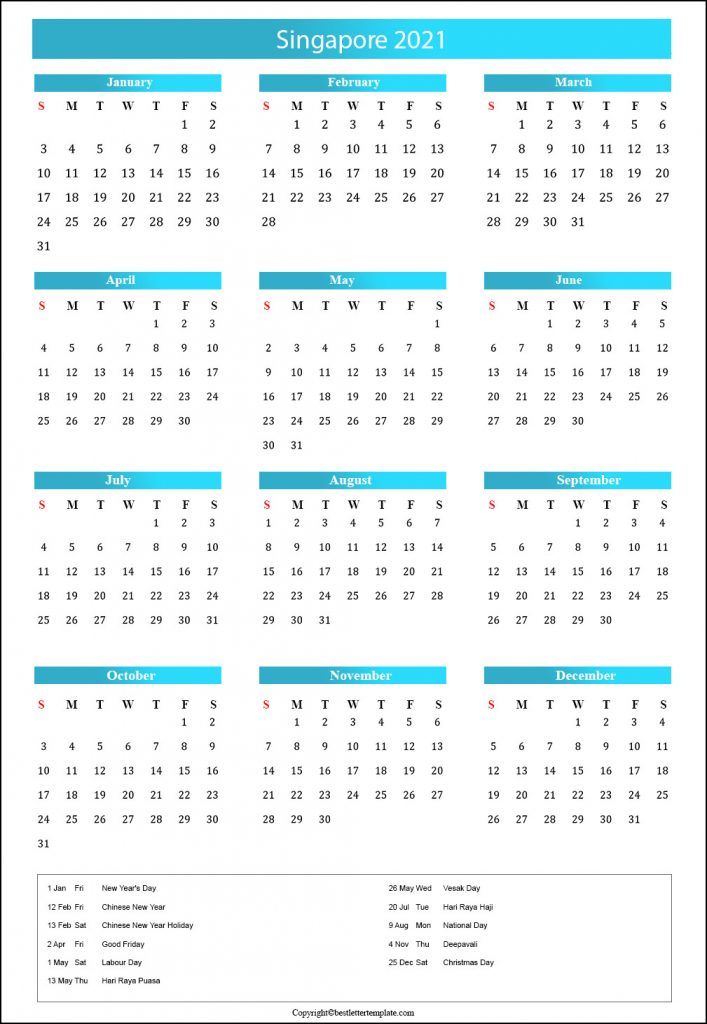 Singapore calendar 2021
