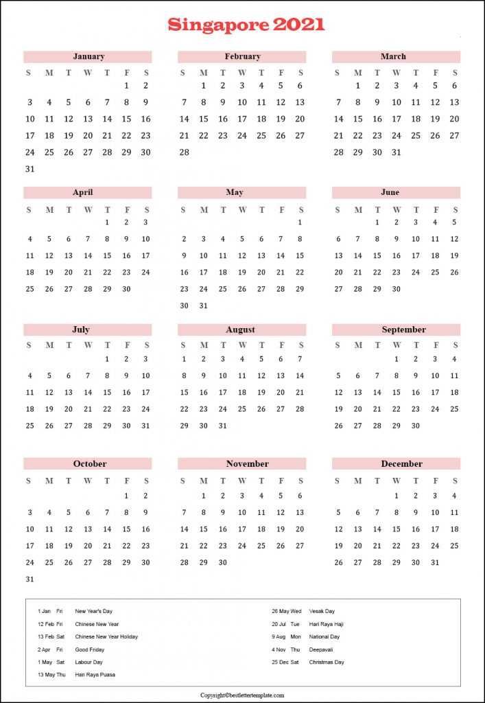 Singapore Calendar 2021 with Holidays