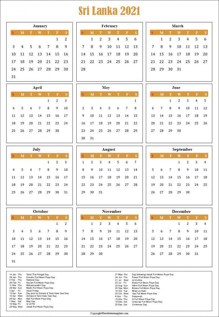 Free Printable Sri Lanka Calendar 2021 with Public Holidays
