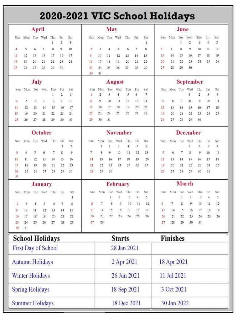 2020-2021 VIC School Holidays
