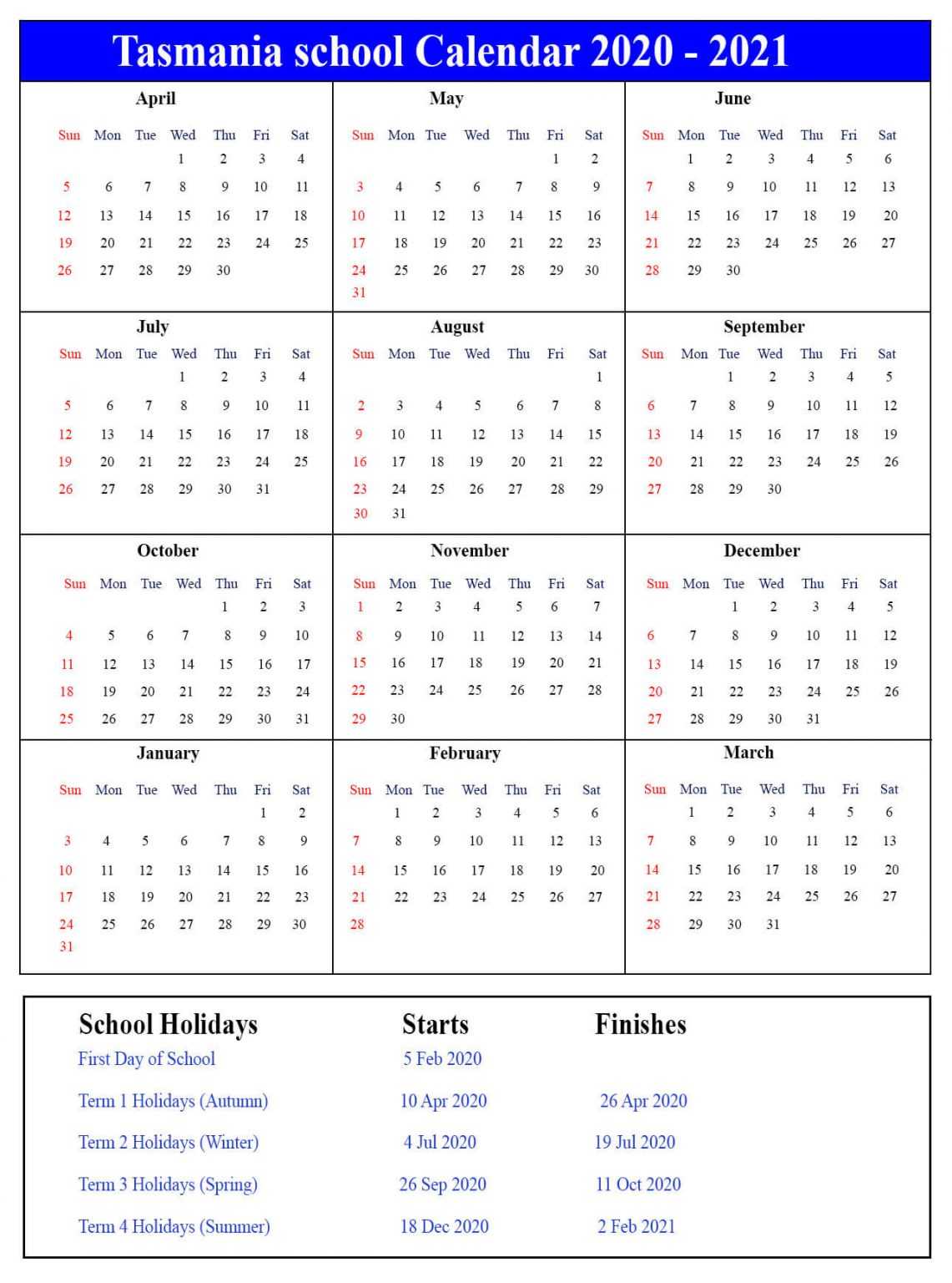 Free Printable Tasmania School Holidays 2020- 21 Calendar