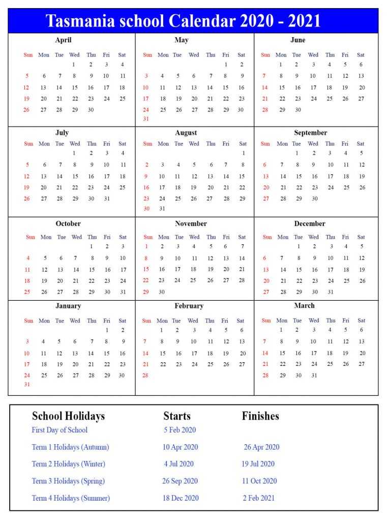 Tasmania School Calendar 2020