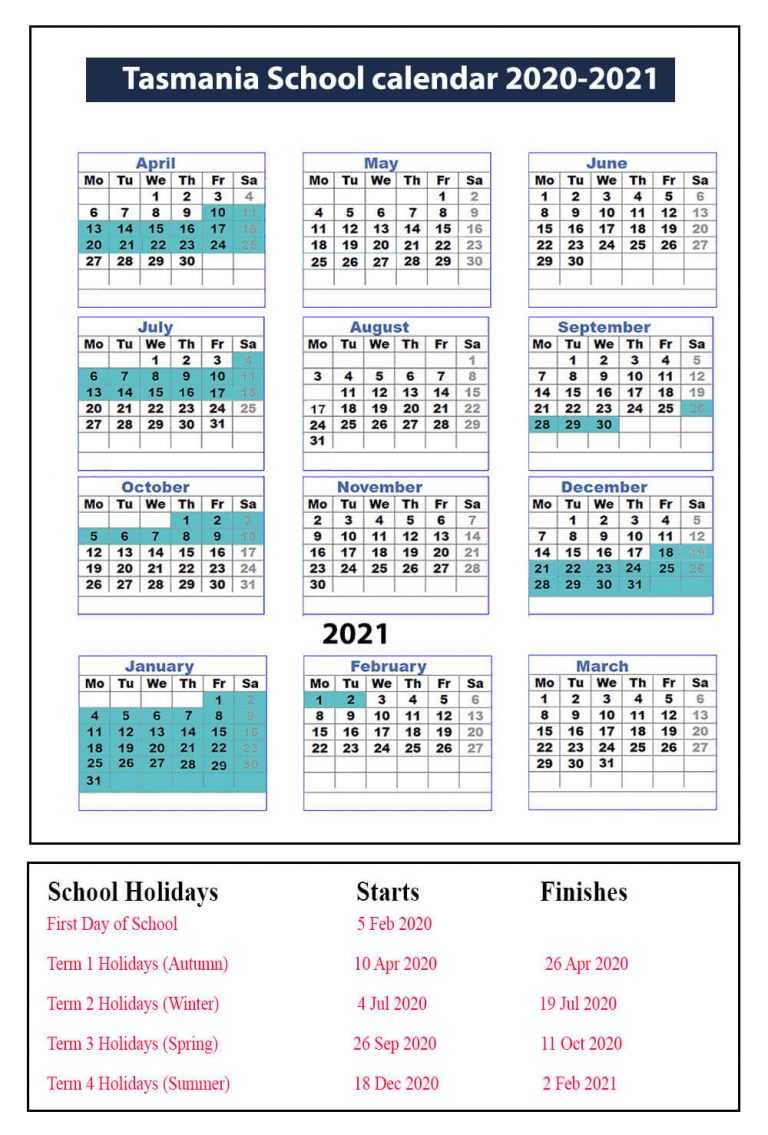 Free Printable Tasmania School Holidays 2020 21 Calendar