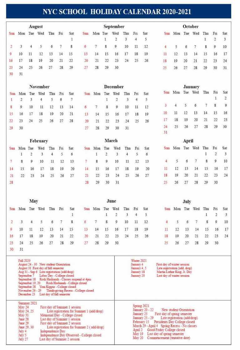 Free Printable 2020-21 NYC School Holidays Calendar Template