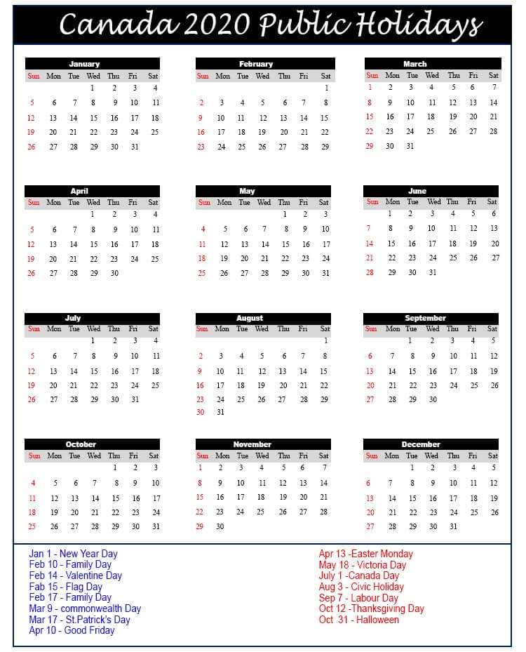 Canada 2020 Calendar with Holidays