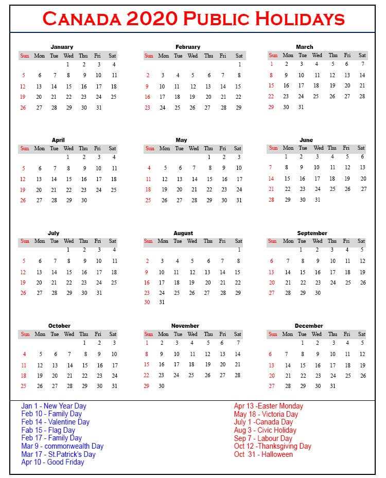 Canada Holidays Calendar 2020