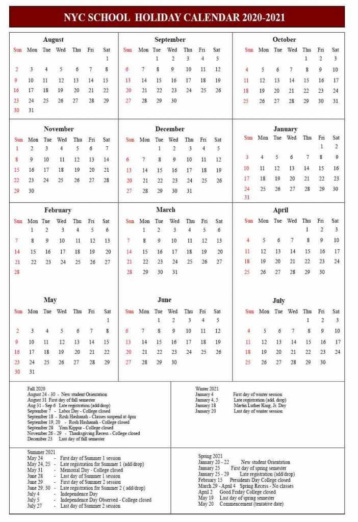 NYC School Holidays 2020-21 Calendar