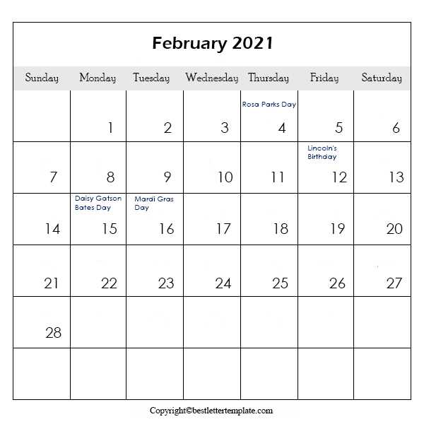 February Holiday Calendar 2021