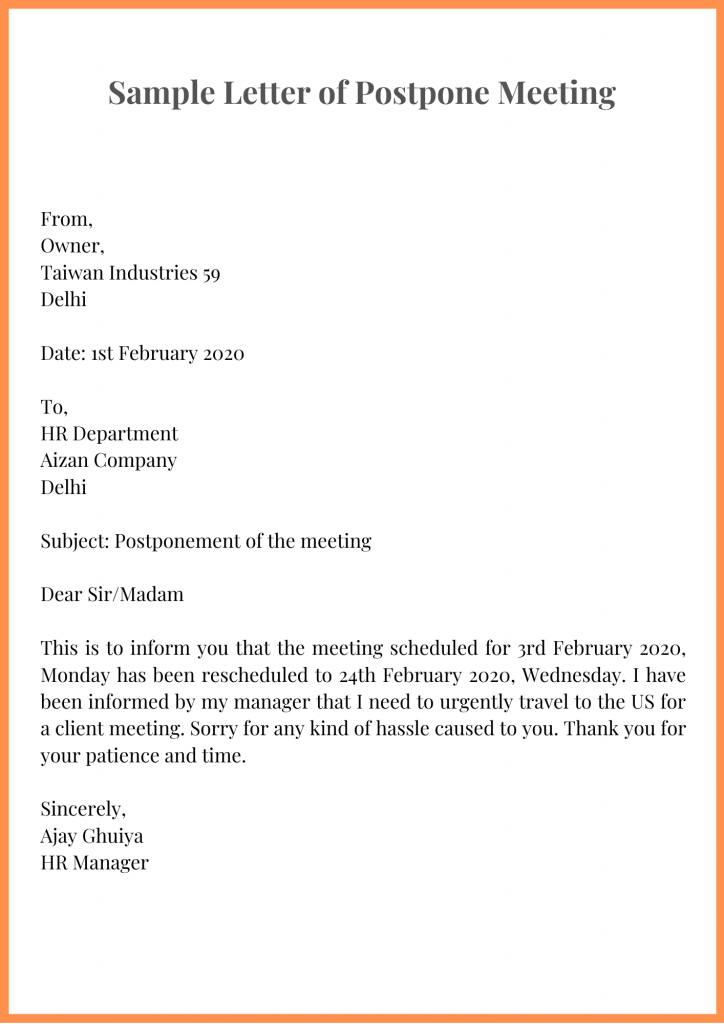 Sample Letter of Postpone Meeting