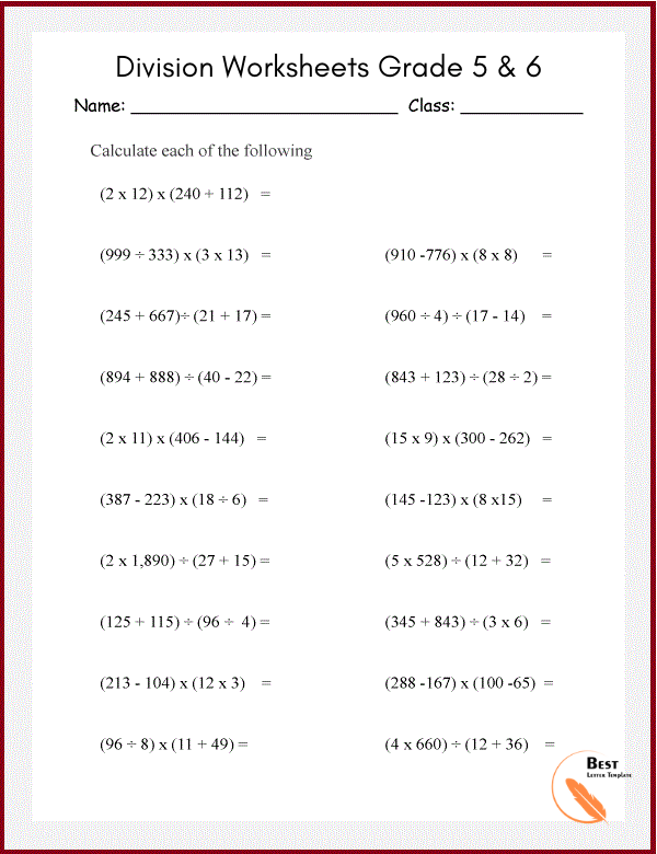 Division Worksheets for grade 5 & 6