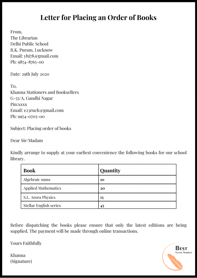 Sample Letter Templates for Placing Order Format, Examples