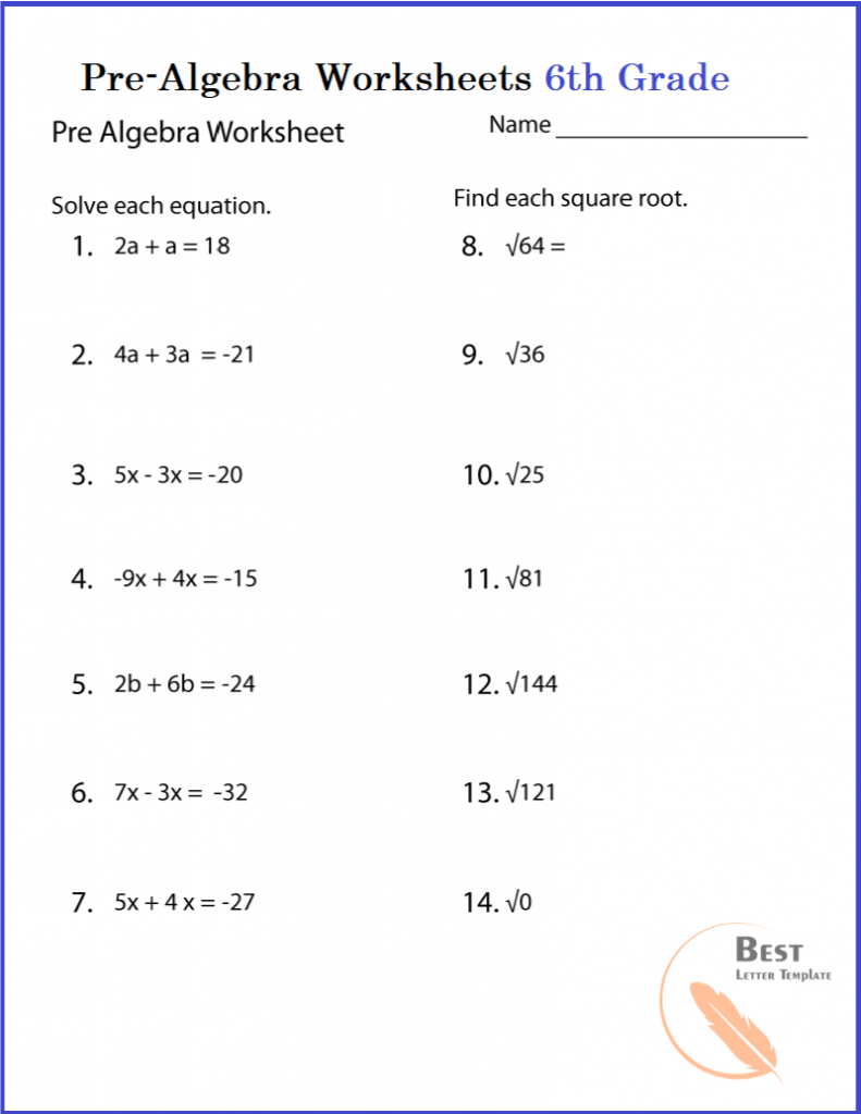 Pre-Algebra Worksheets 6th Grade