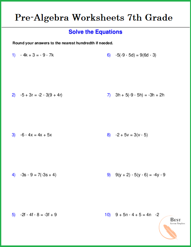 Pre-Algebra Worksheets 7th Grade