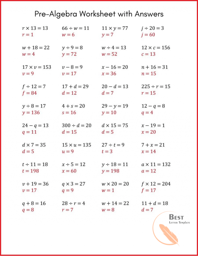 Printable Pre Algebra Worksheets