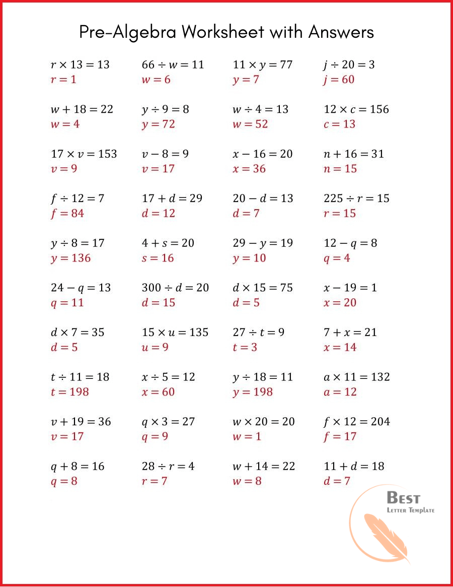 Free Printable Pre Algebra Worksheets With Answer Key