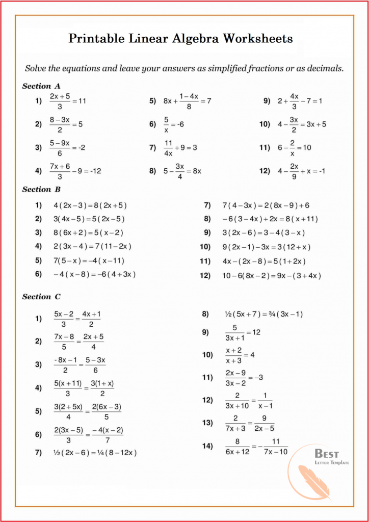 Printable Linear Algebra Worksheets