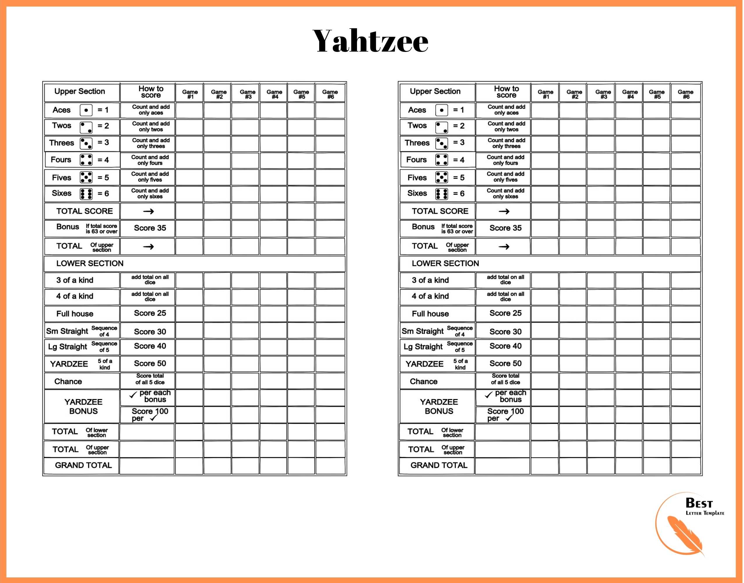 printable yahtzee score sheets 2 per page best letter template