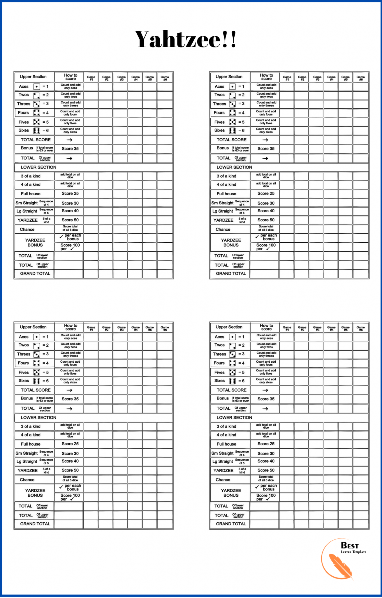 Free Printable Yahtzee Score Sheets 4 Per Page