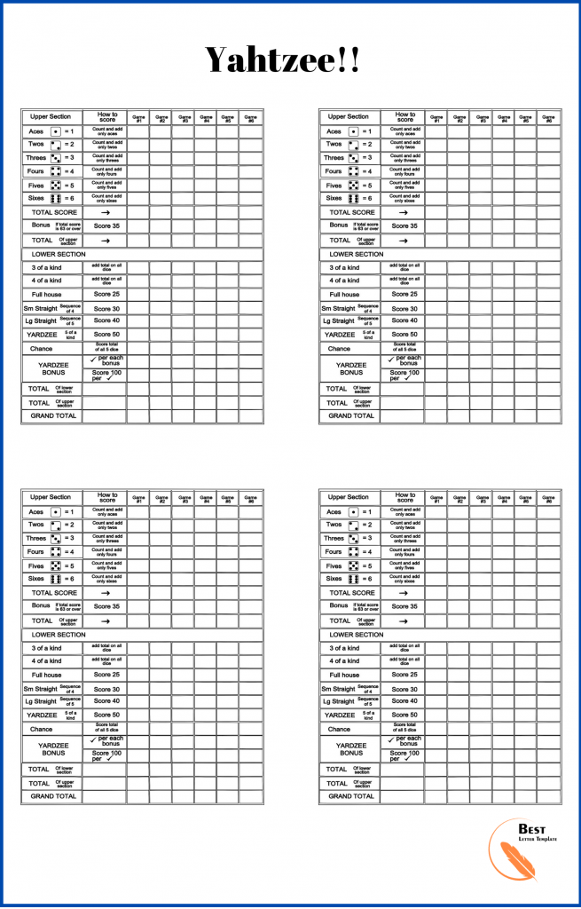 Printable Yahtzee Score Sheets 4 per page