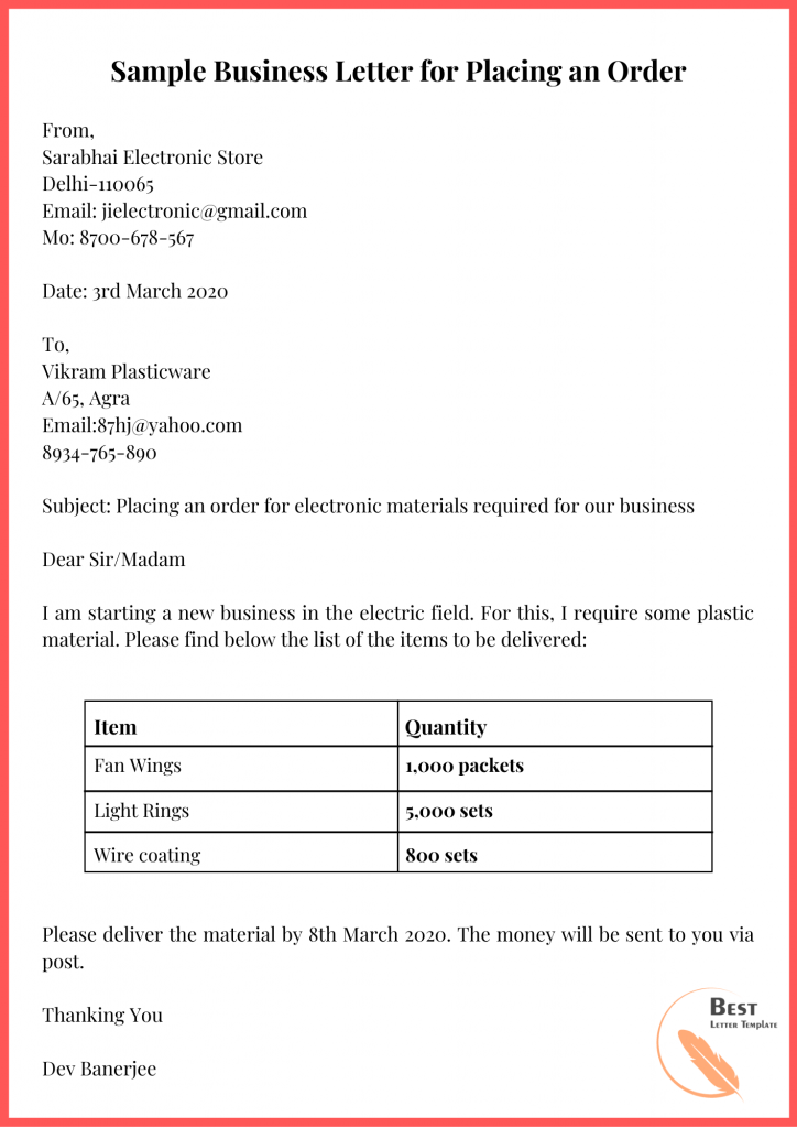 Business Letter for Placing an Order