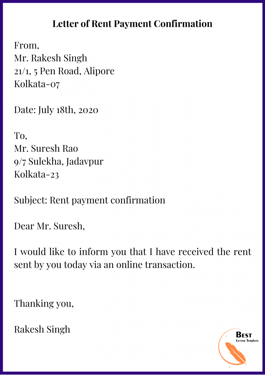Rent Payment Letter Template Format Sample And Examples 9736