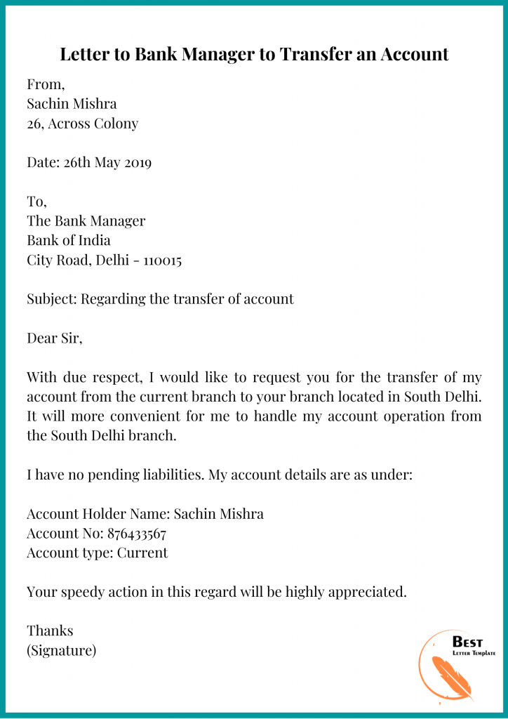 Letter to Bank Manager to Transfer an Account