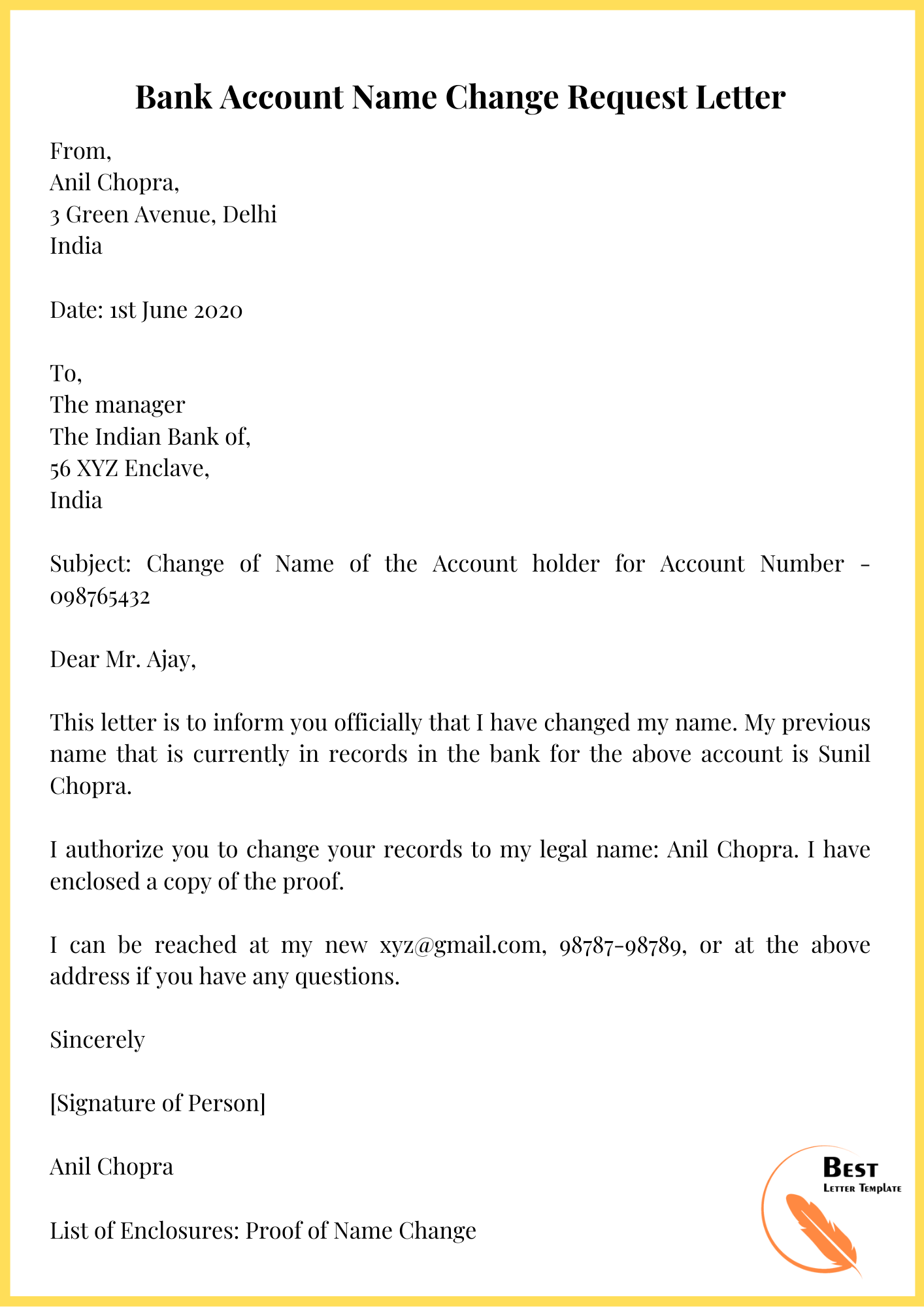 application letter for changing name in bank account