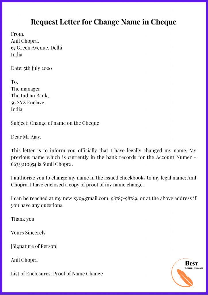 Request Letter for Change Name in Cheque