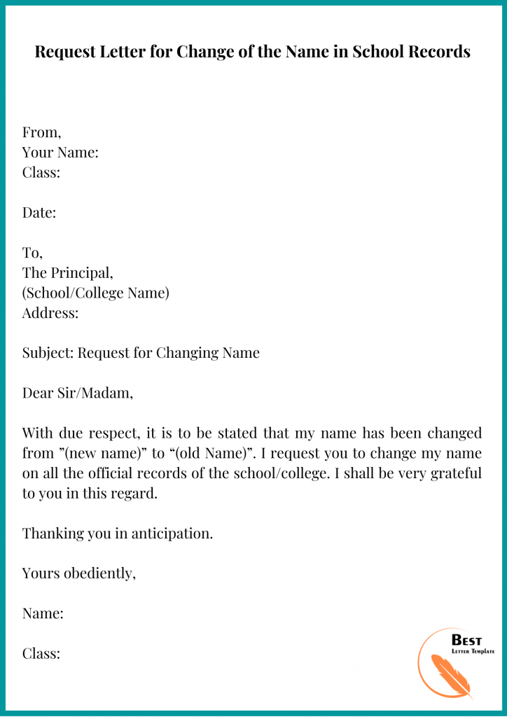 Request Letter for Change of the Name in School Records