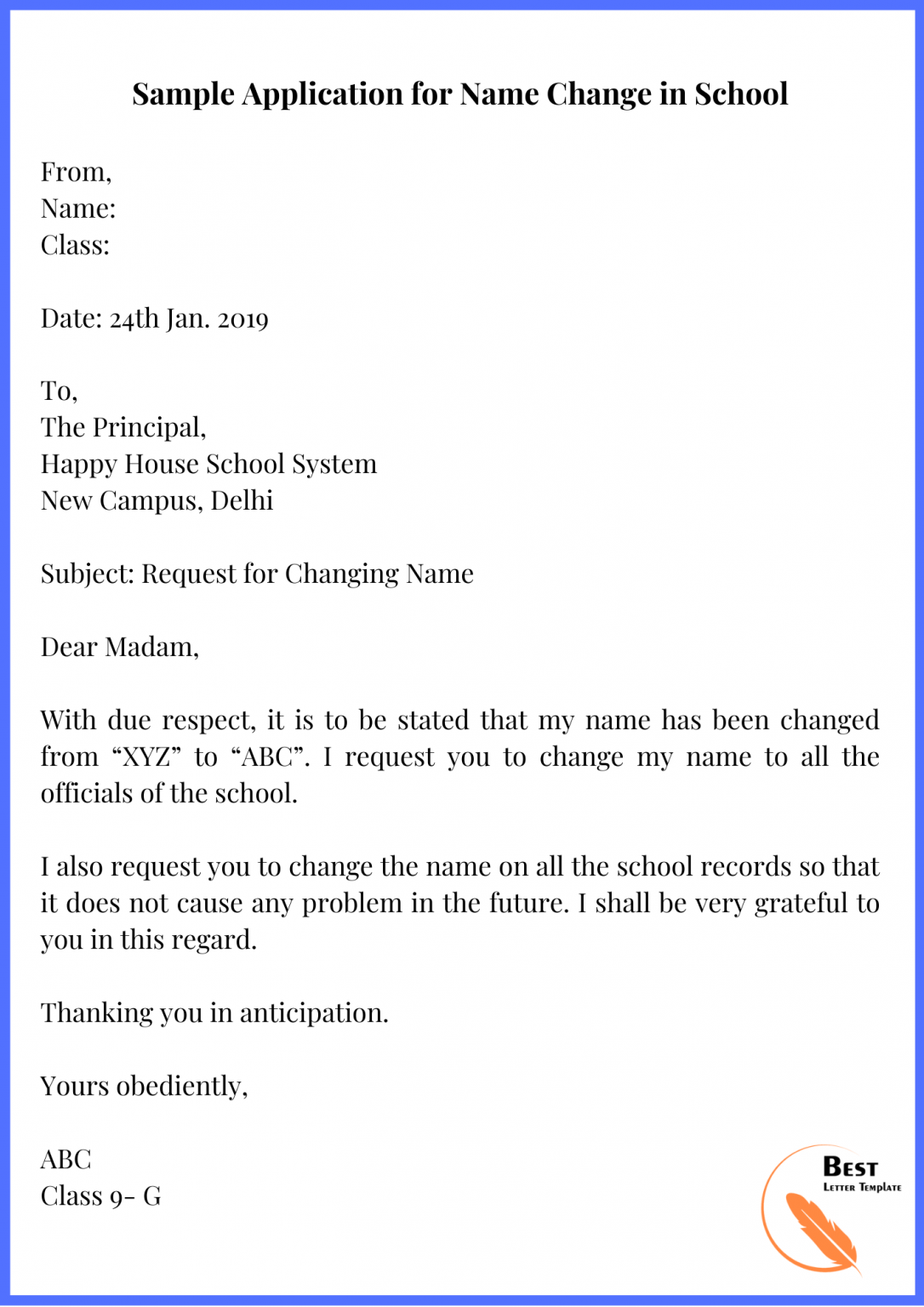 application letter for name change in school