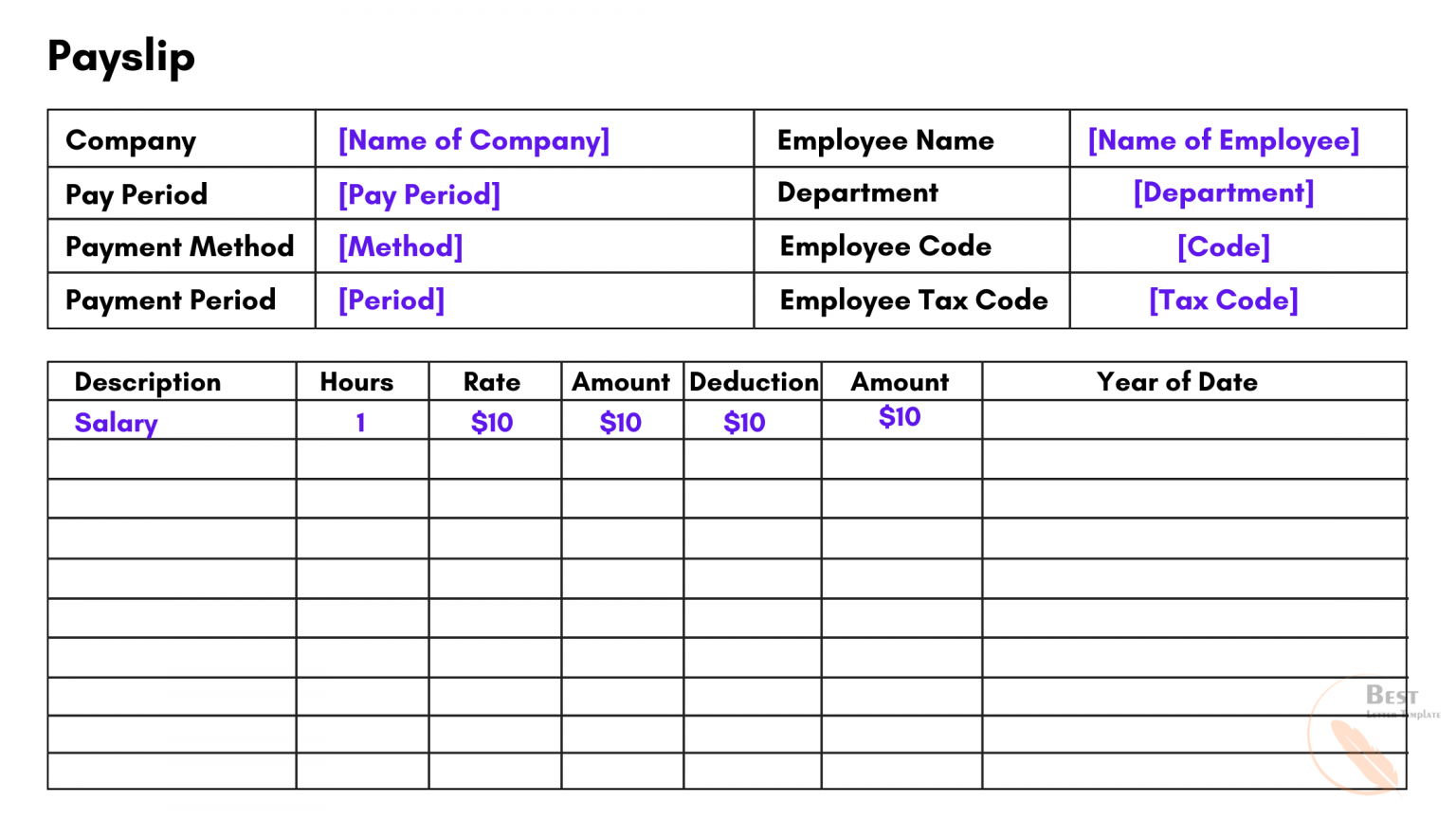 Free Sample Payslip Template - Pdf, Word, Excel, Google Docs