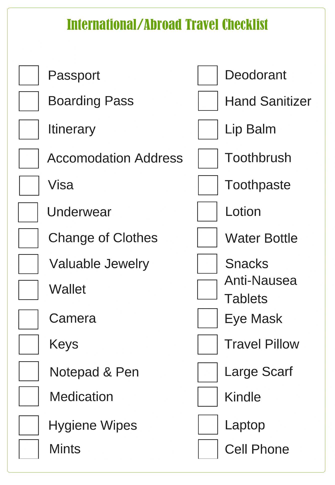 travel checklist for travel