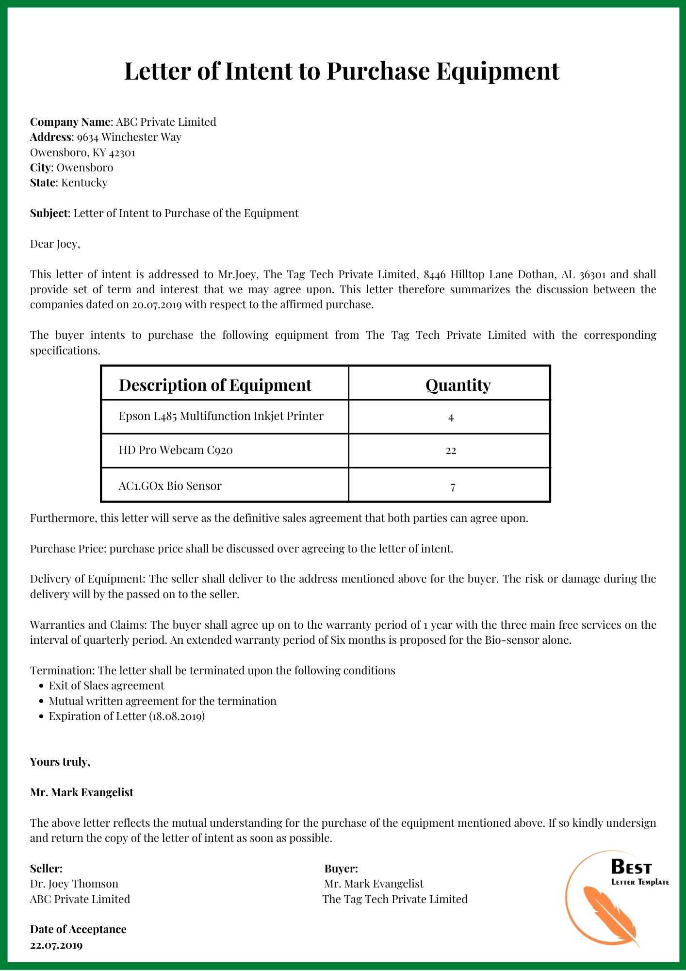 Letter Of Intent Template To Purchase A Business