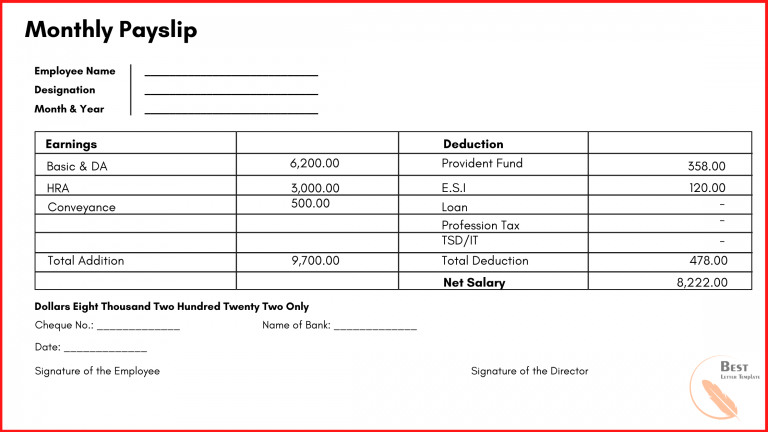 monthly salary slip format in word